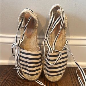 J. Crew Blue and White Espadrille Flats with Ankle Straps